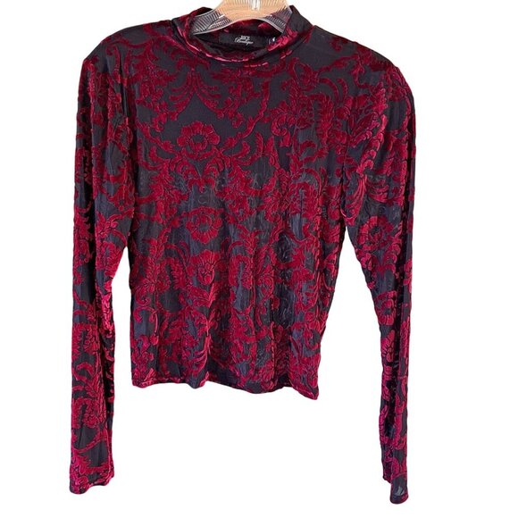 BKE Red Black Long-Sleeve Velvet Burnout Top Moch Neck Grunge Whimsygoth S Y2K - Picture 1 of 7